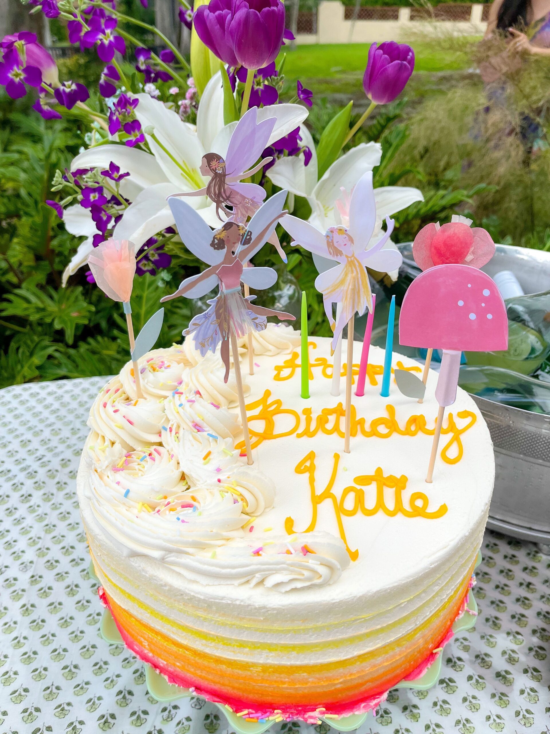 Katie's birthday cake from Valhalla Bakery with fairy cake toppers